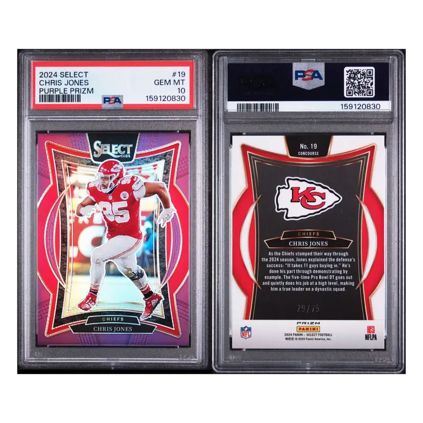 Chris Jones PSA 10 Pop 2 2024 Panini Select Purple Prizm /75 Concourse #19 Kansas City Chiefs