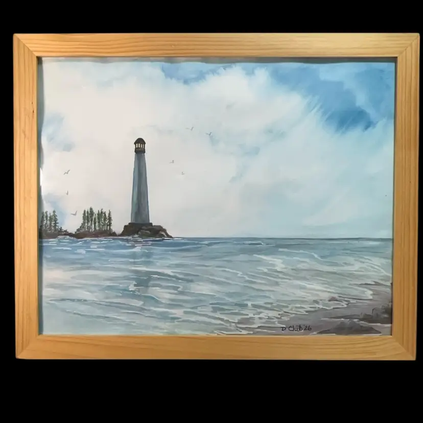 “The Beacon” Watercolor Original Framed 12 1/2” X 15” Coastal Lighthouse