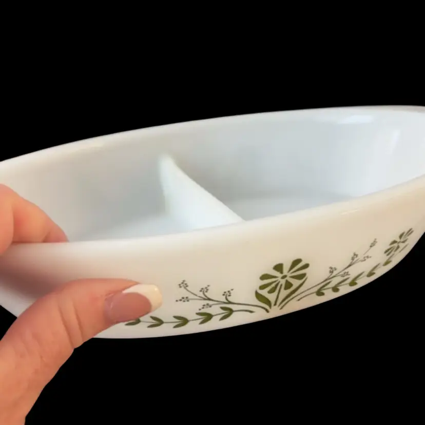12” X 8” Mill Glass Green Flowers Divided Bowl no markings great condition no chips or cracks