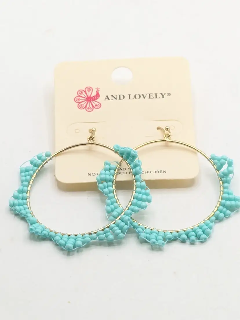 And Lovely Turquoise Color Beaded Gold Tone Hoop Earrings NWT