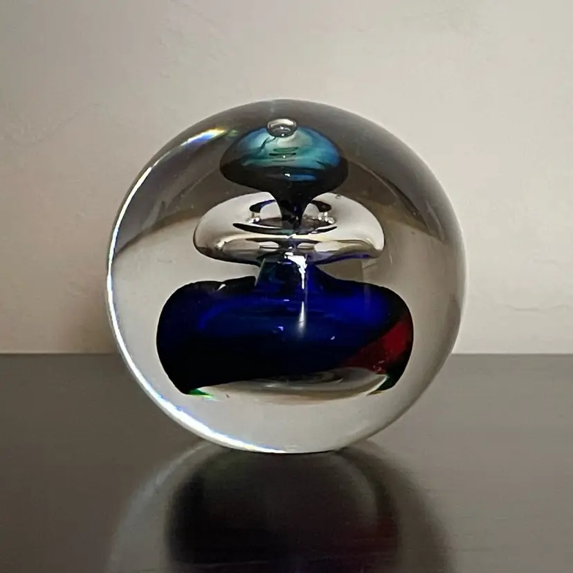 Marian Pyrcak Polish Art Glass Paperweight Atomic Controlled Bubbles Blue Clear