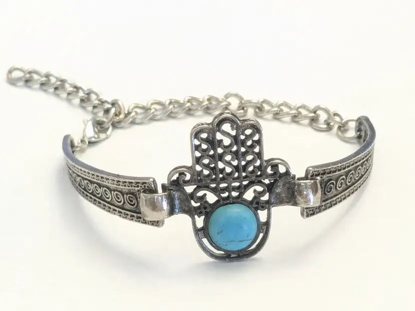Silver Tone Faux Turquoise Hamsa Hand Bracelet