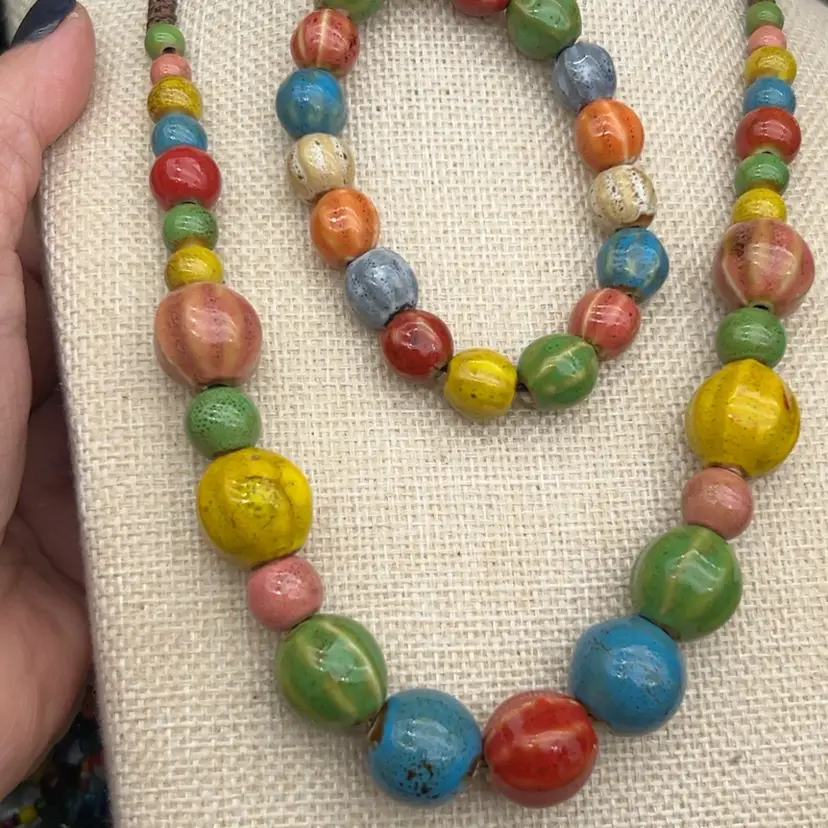#01 Multicolor Ceramic Bead Necklace & Stretch Bracelet Set Adjustable 24 Inch Boho