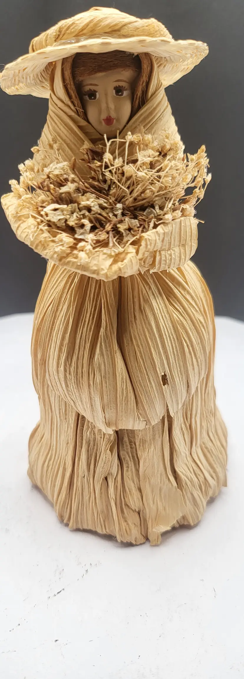 Vintage Folk Art Corn Husk Doll with Straw Hat 6" handmade