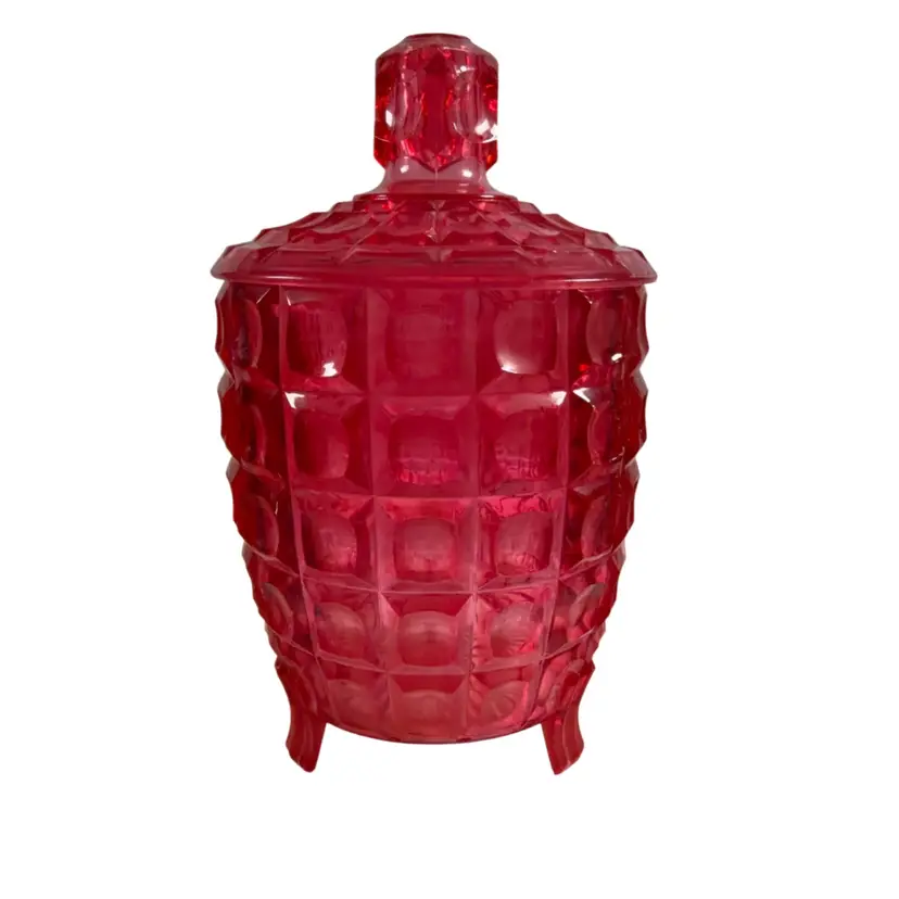 Vintage Regaline Red Plastic Honeycomb Footed Candy Container 8.5” X 6” X 5”