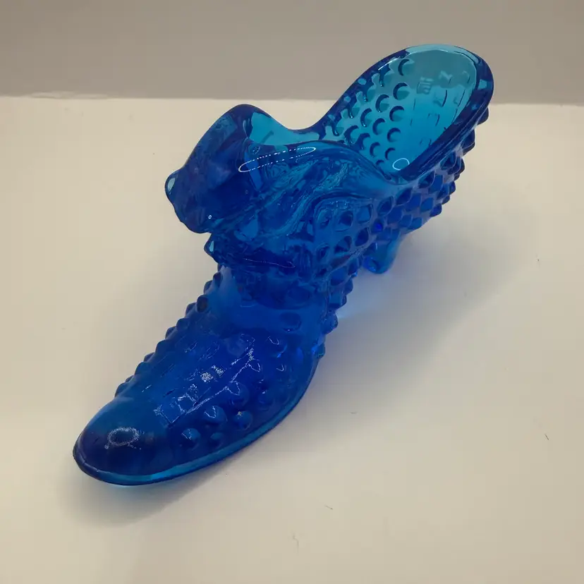 Fenton Blue Hobnail Cat Head Glass Shoe 5.75”