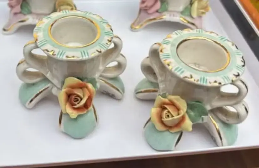 Pair of Green Toned Porcelain Rococo Floral Candle Holders, Made in Germany