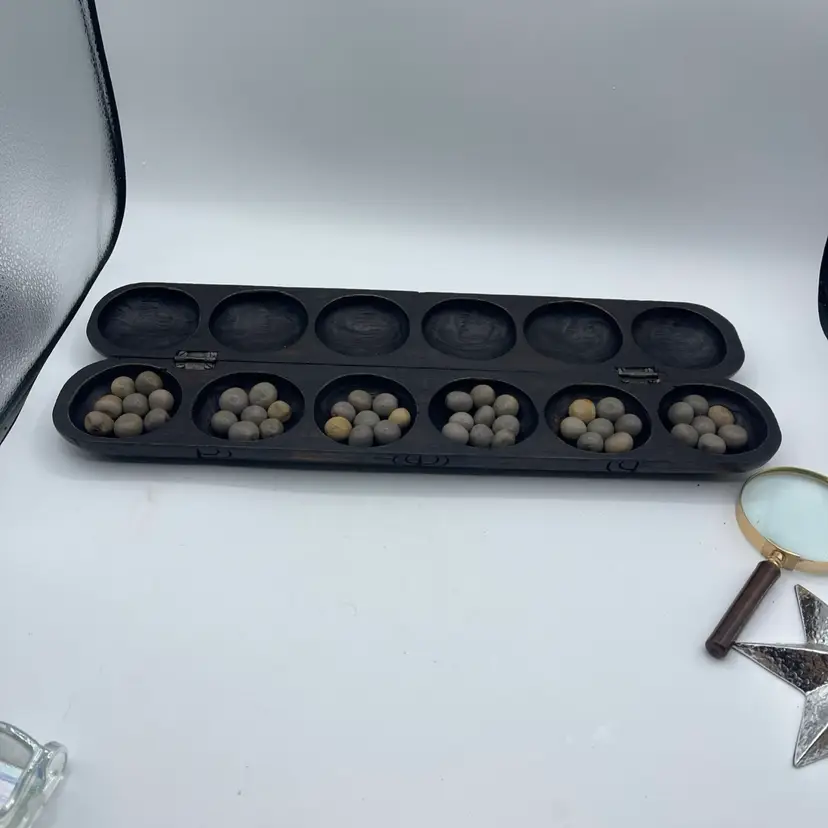 Vintage African Oware Game Mancala Hand Carved Hardwood Case & Bonduc Seeds 18”
