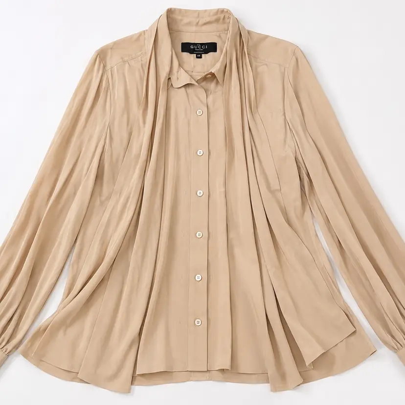 2. Authentic Gucci Uniform Silk Long-Sleeve Button-Down Blouse Neutral Beige Size 44