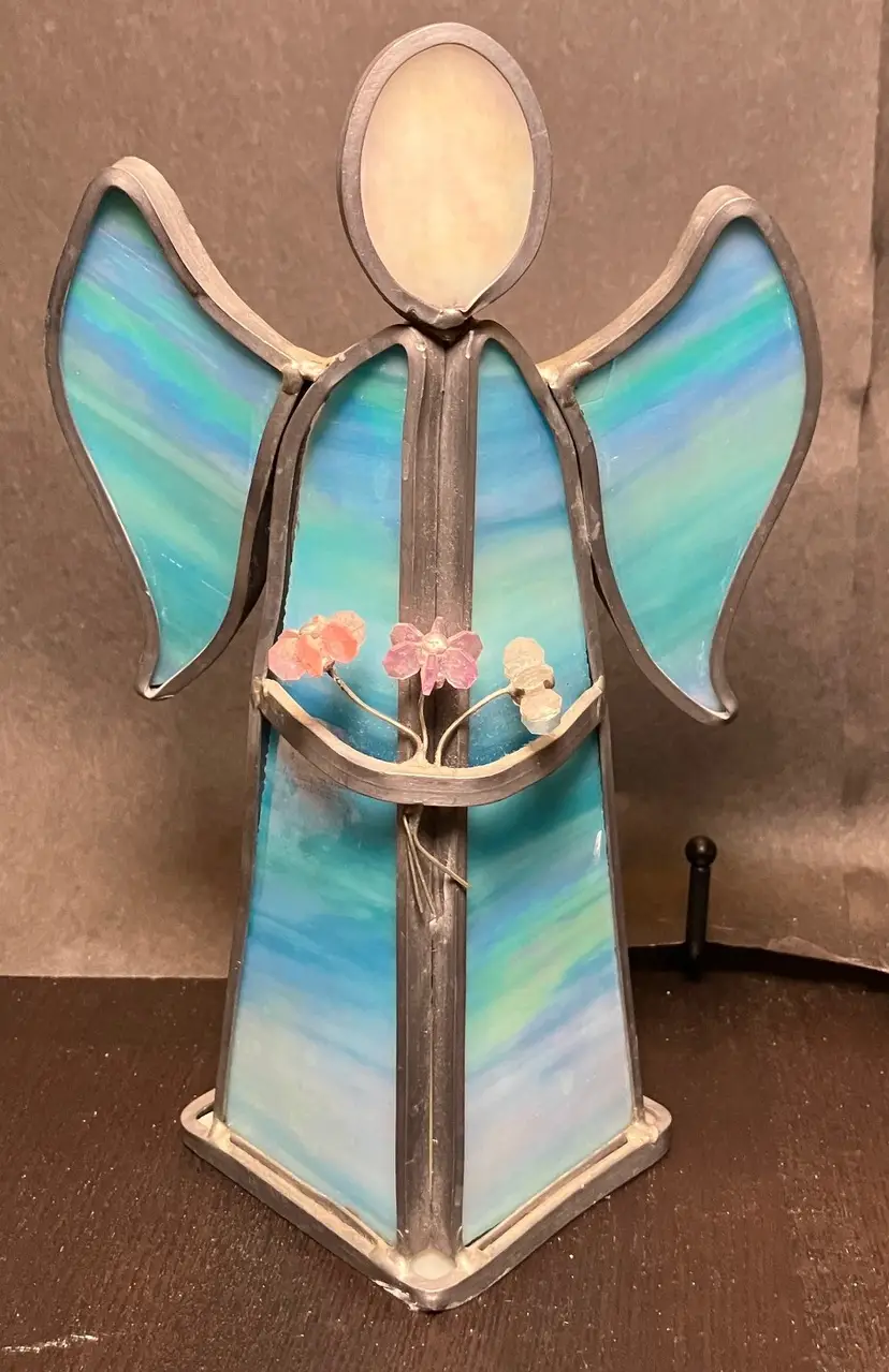Handcrafted Stained Glass Angel Figurine Candle Holder Torquoise White Flowers
