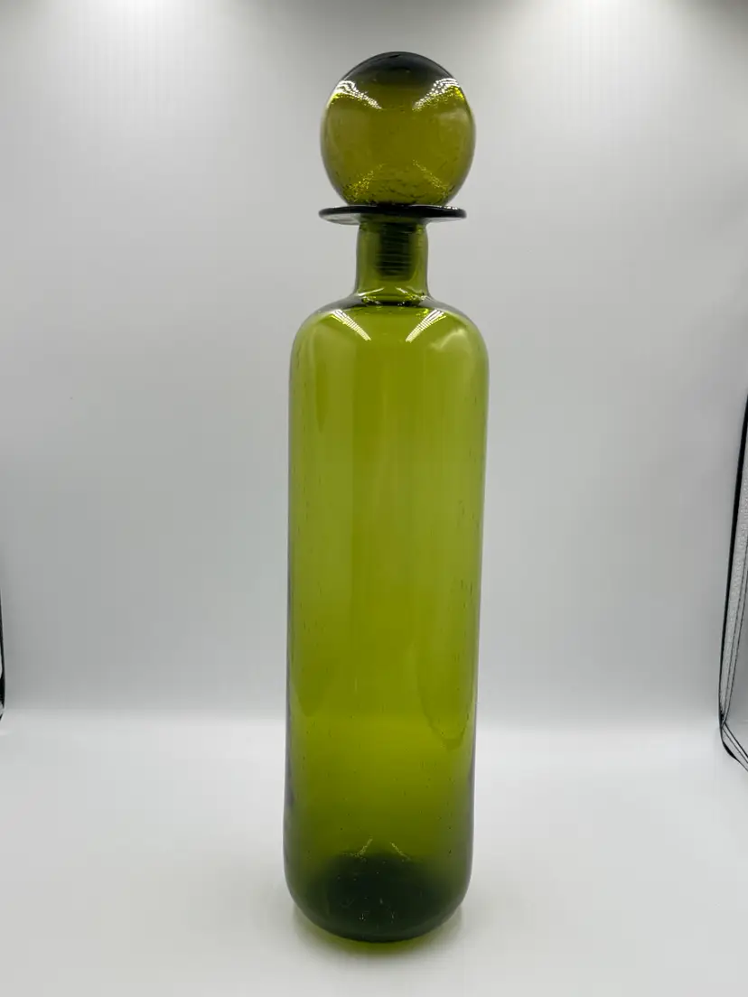 Olive Green Seeded Glass Decanter Apothecary Art Glass Bottle Bubble Stopper