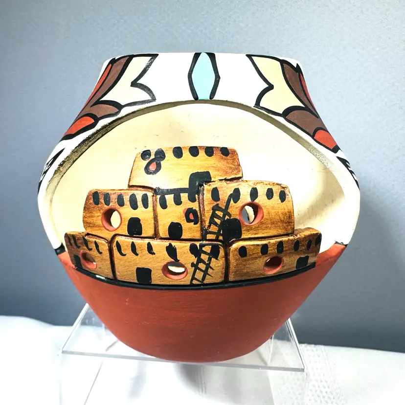 VTG Native American Pueblo Cliff Dwelling Vase Art Pottery Signed Grayfeather
