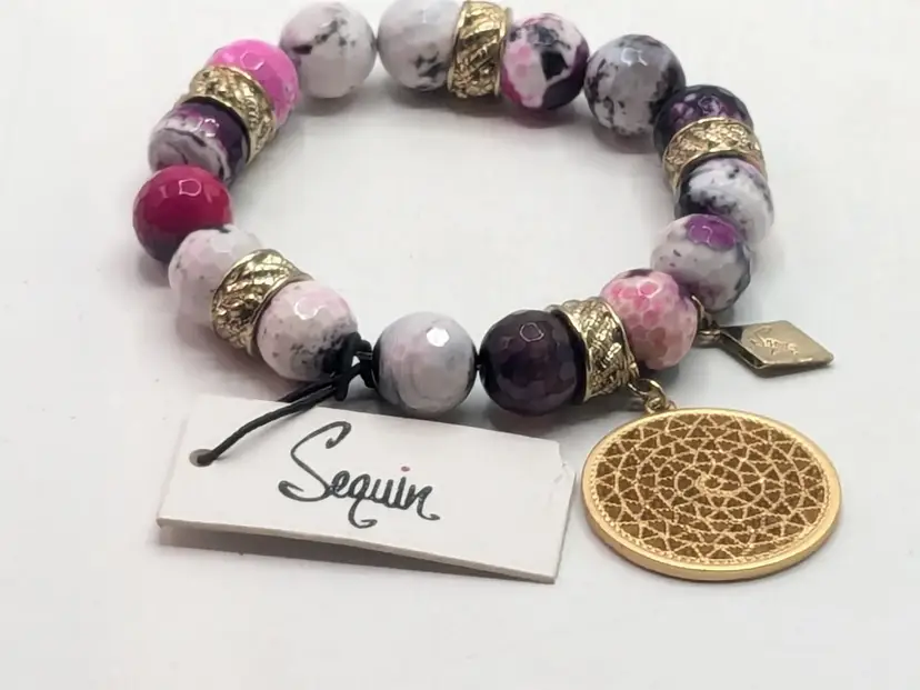 Sequin Pinks Purples Semi-Precious Stone Bracelet with Gold Tone Medallion NWT