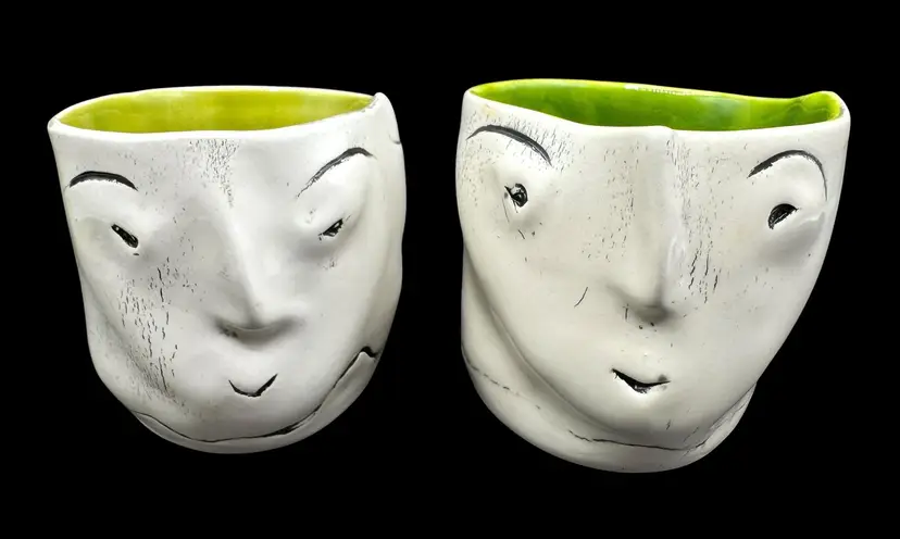 Set of 2 Rare Barbara Campbell Studio Ceramic Art Pottery Imp Drinking Cups Face