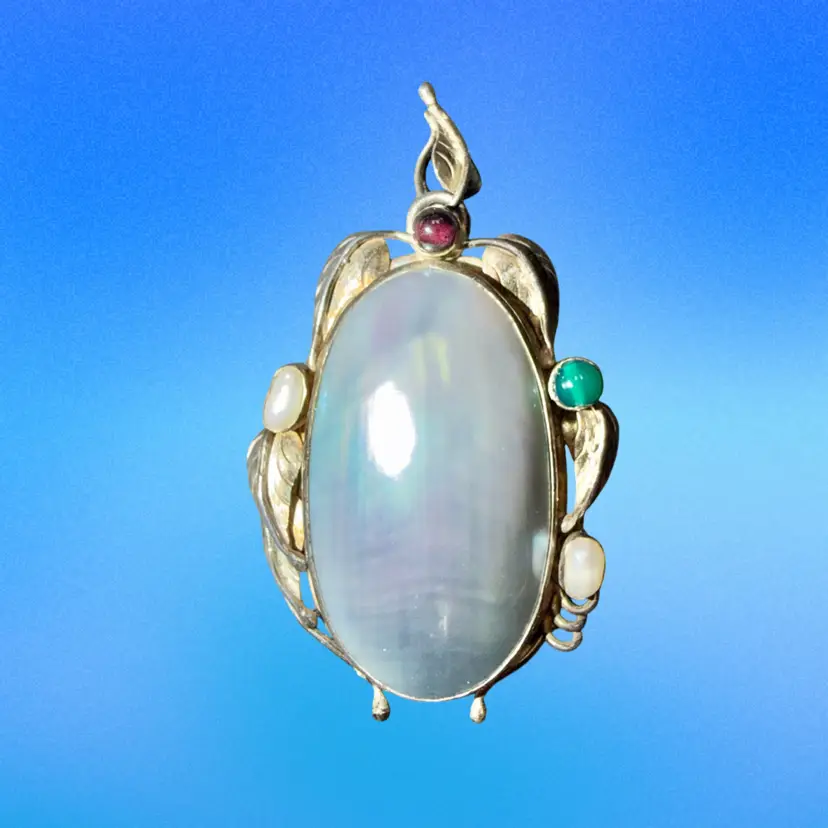 Large Mabe Pearl Cabochon/Fresh Pearls/Red Garnet and Green Stone Brooch/Pendant Sterling Silver