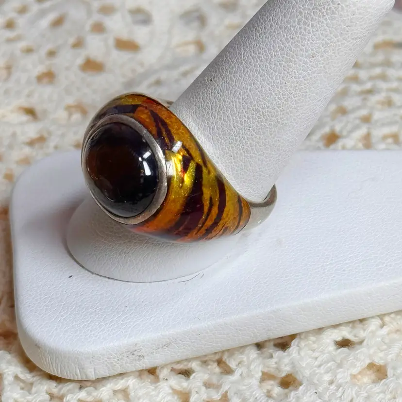 Sterling Silver Tiger Enamel Smokey Quartz Dome Ring Size 10