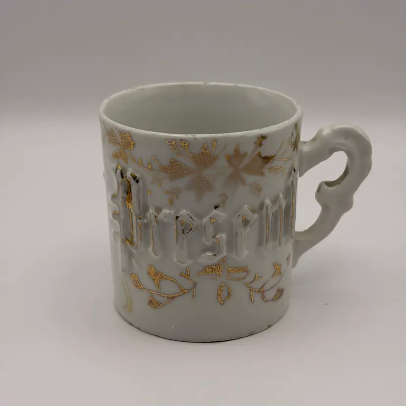 Antique, “Present”, Ceramic Cup, White with Gold Accents, Made in Germany