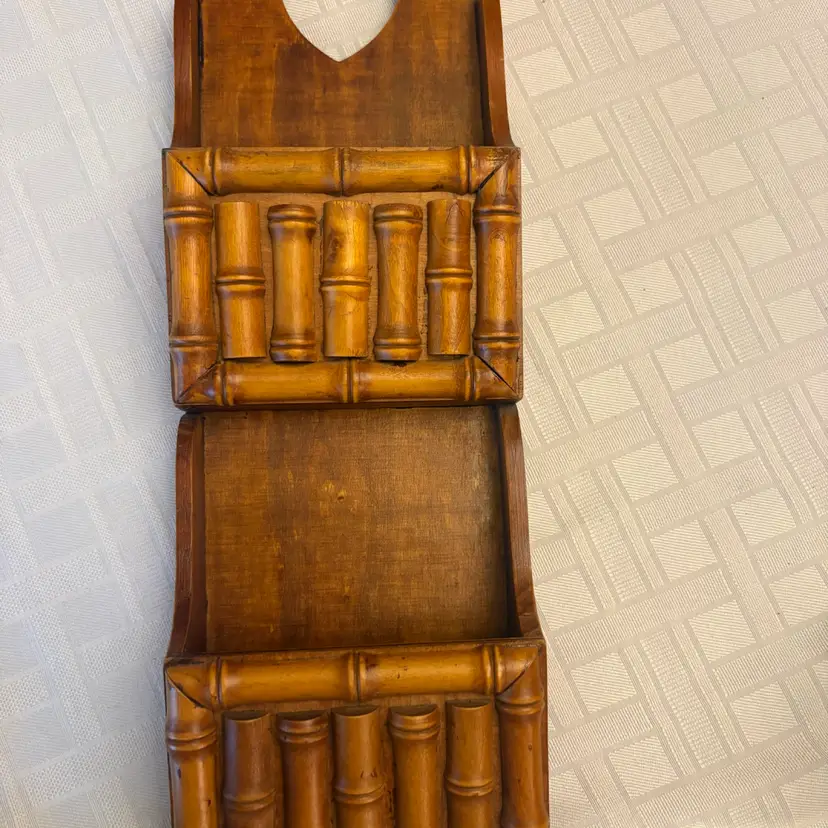 Vtg Faux Bamboo Wall Mail Holder Double Pocket Heart Cutout Wood Organizer