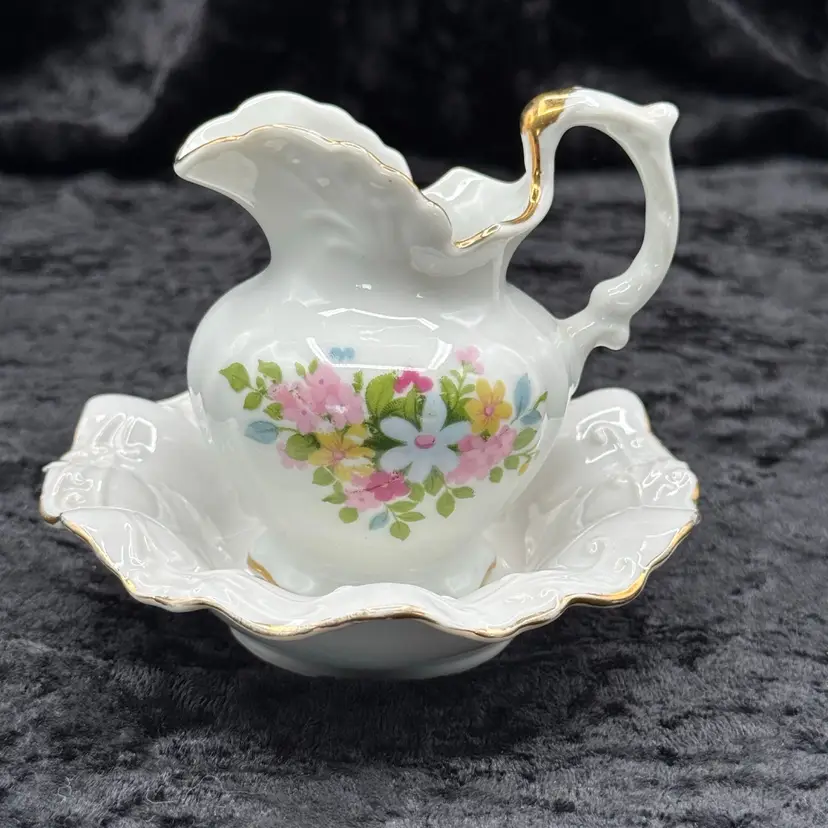 Miniature Vintage Lefton China White Floral Pitcher Bowl Set 6843 Hand Painted Japan