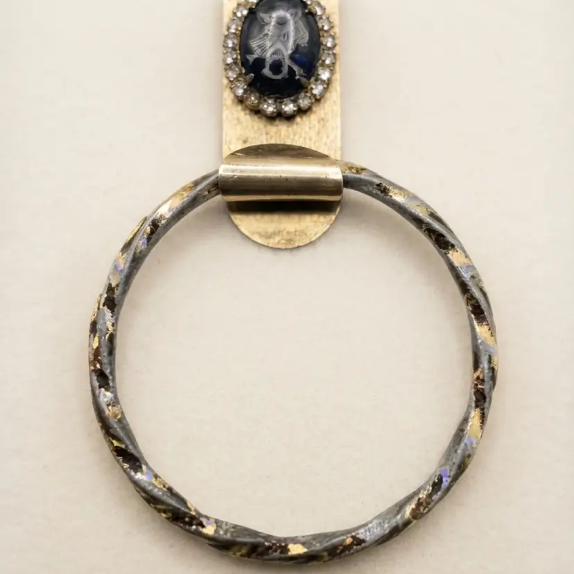128. Vintage Brass Towel Ring with Black Glass Dancing Couple Cameo & Rhinestone Accent | Hollywood Regency Bathroom Decor