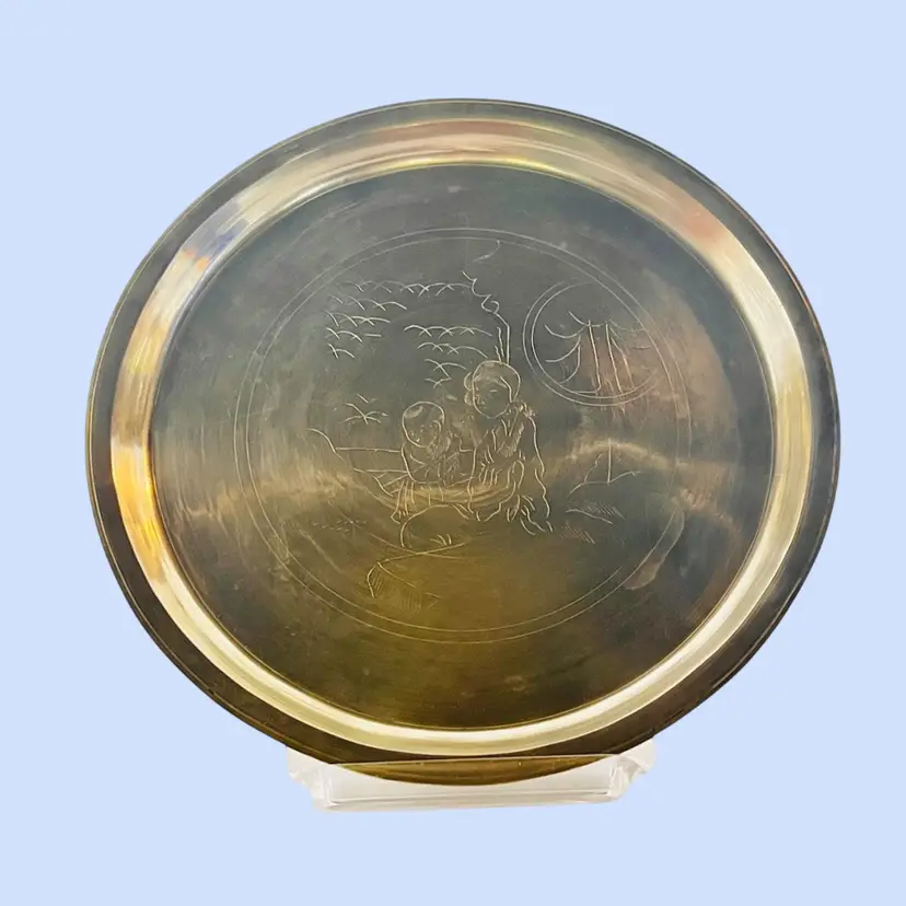 #344- Vintage Brass Serving Tray Engraved Chinese Mother & Child 9.75 x.5”