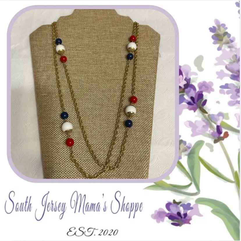 Vintage 50” Gold Tone Chain Red White Blue Acrylic Beads (172)