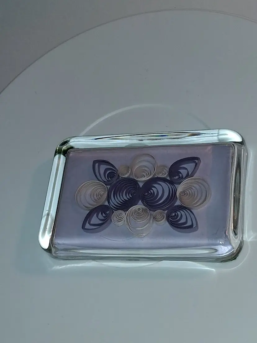 Beautiful OOAK Paper Quilling Rectangular Glass Paperweight, Signed & Dated, 'Jen Reineinger 94'