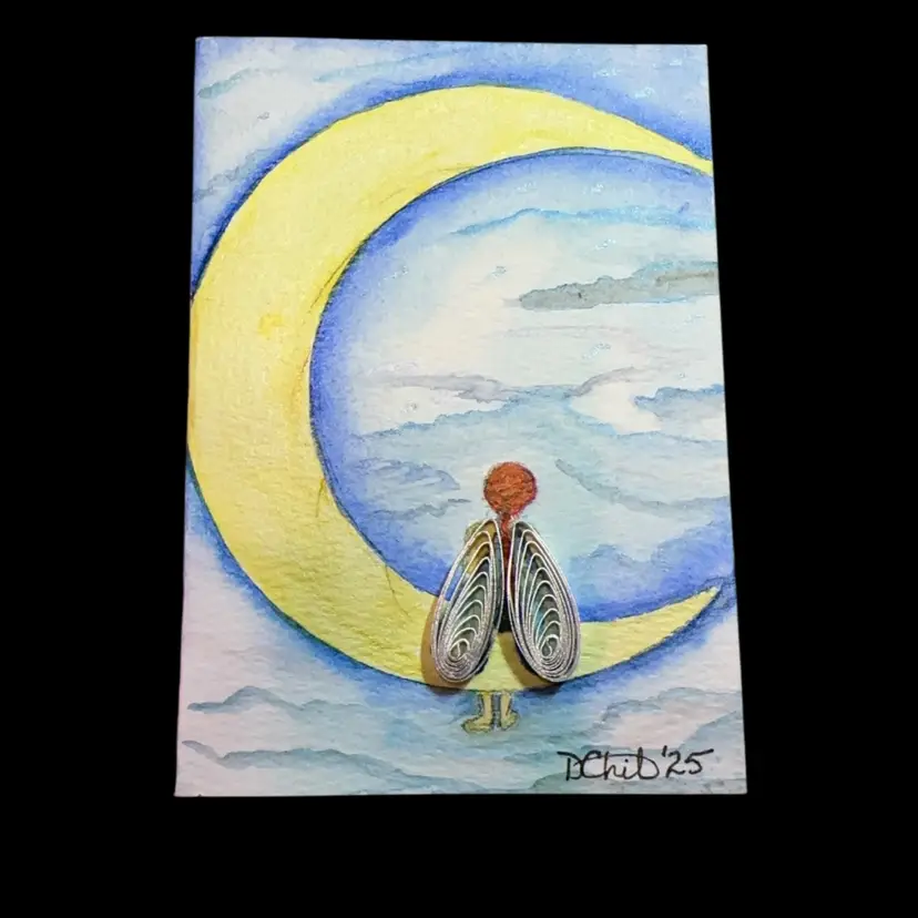 Original Watercolor 3 1/2 “ 
5” Greeting Card Angel With Shining Quilled Wings On The Crescent Moon And Blank Inside