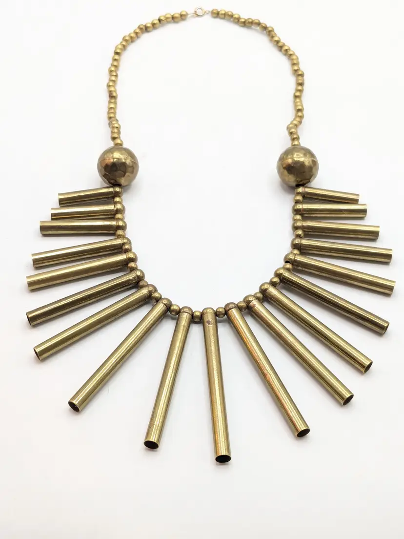 Vintage Brass Tube Fringe Bead Statement Necklace