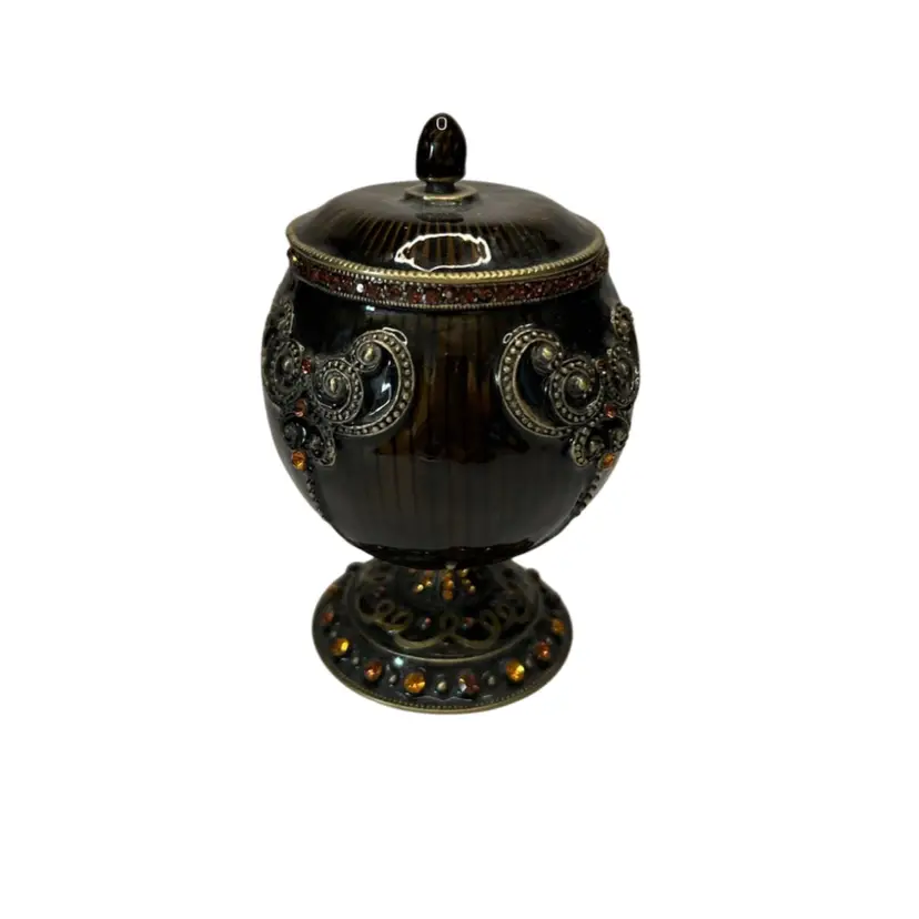 Moroccan Style Vintage Bronze Toned Chalice Shaped Enamel Finished With Rhinestone Accents Lidded 4 1/2” Tall