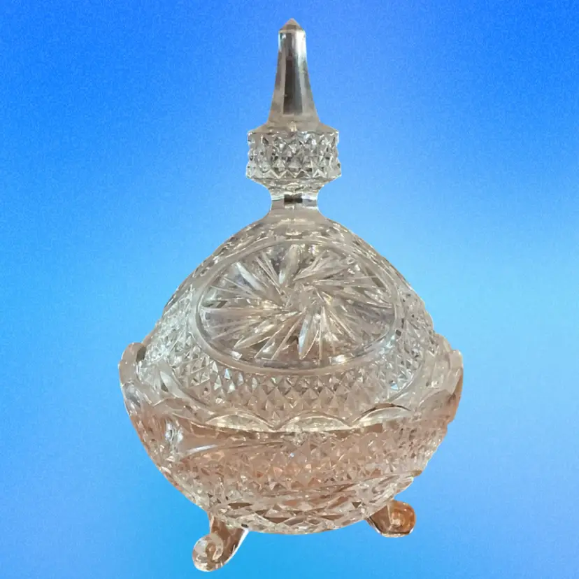 Cut Crystal Glass Vintage Footed Candy Bowl With Lid