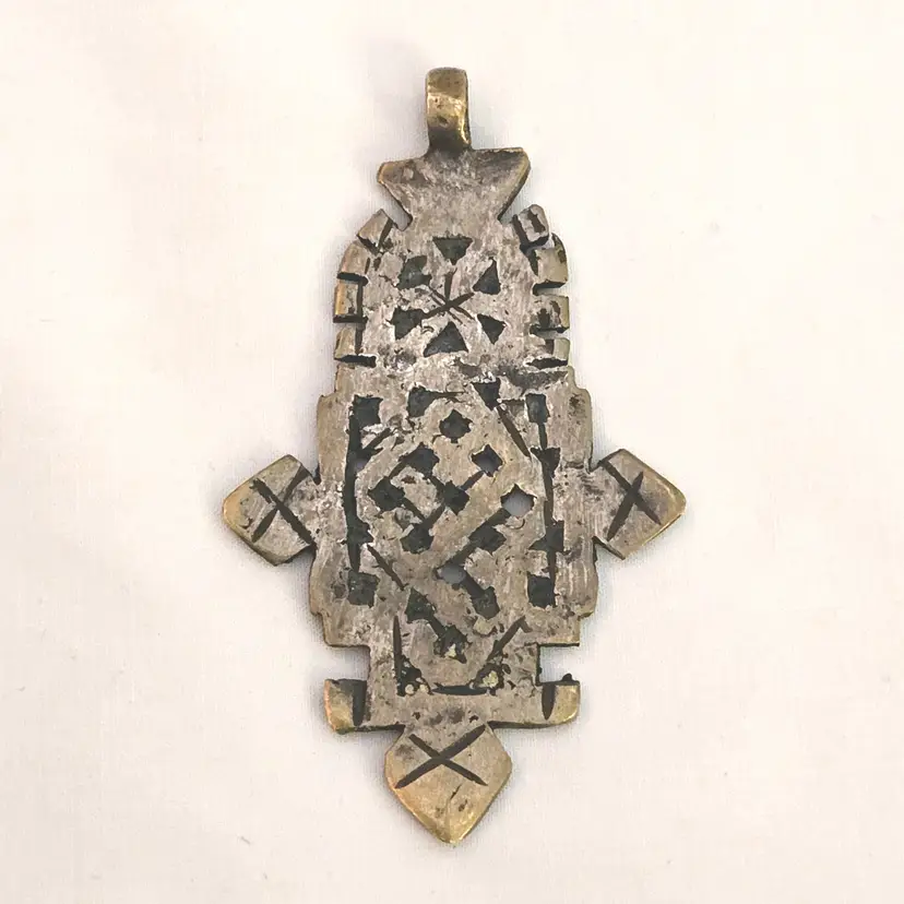Ethiopian Coptic Cross Silver Tone on Metal Pendant Handmade Unbranded 3" Long