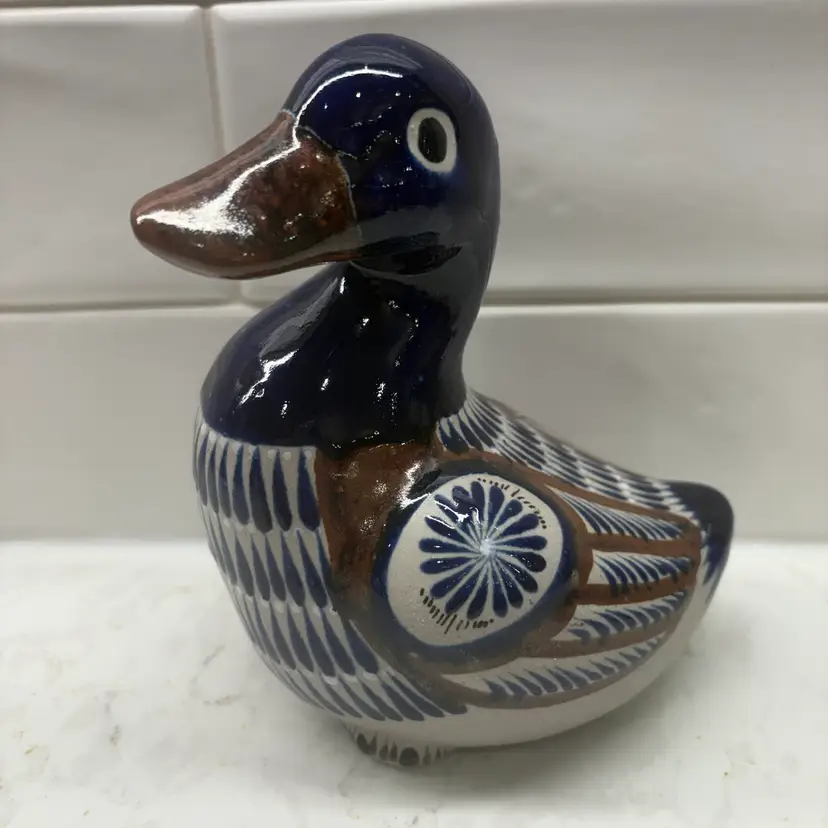 Tonala Mexico Ceramic Duck Cobalt Blue Hand Painted Folk Art - Signed Tostado