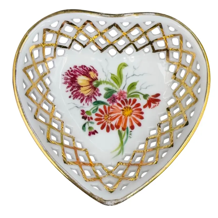 Vintage Porcelain Heart Dish Featuring Hand Painted Floral And Gold Gilded Rim. initials Lkc.