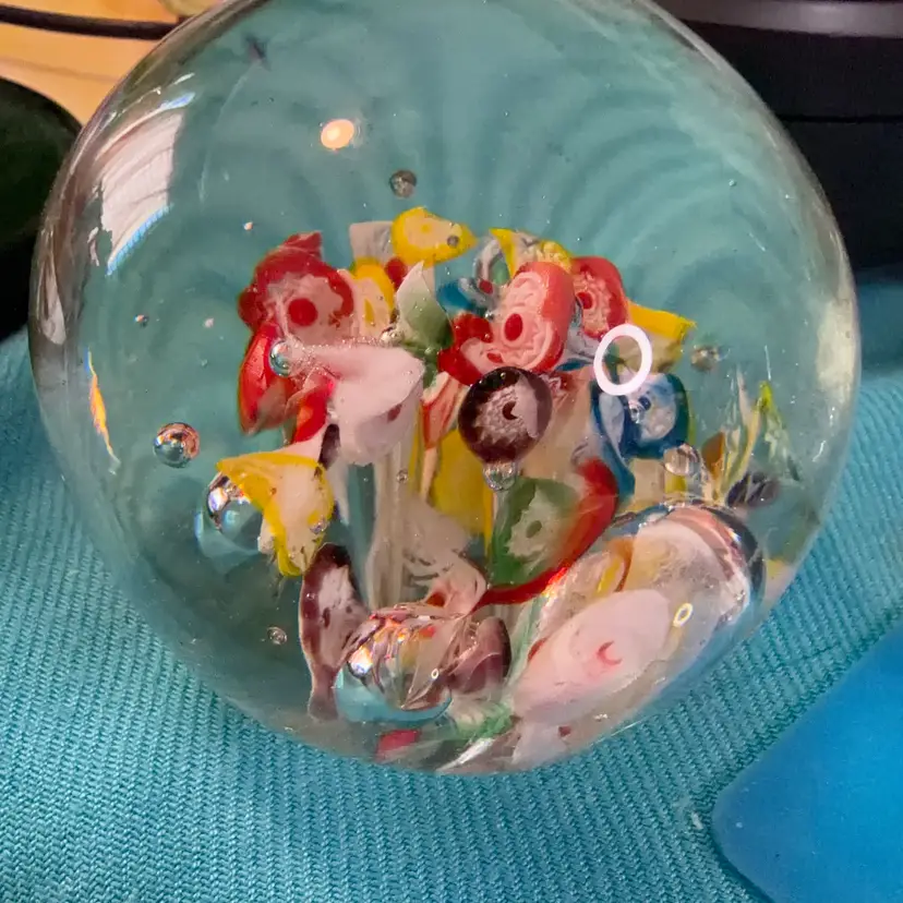 Colorful Floral Art Glass Paperweight with Bubbles