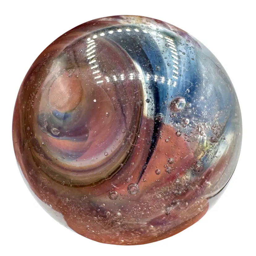 Handmade Art Glass Marble Multicolored Swirl Pink Dark Blue Bubbles .98”