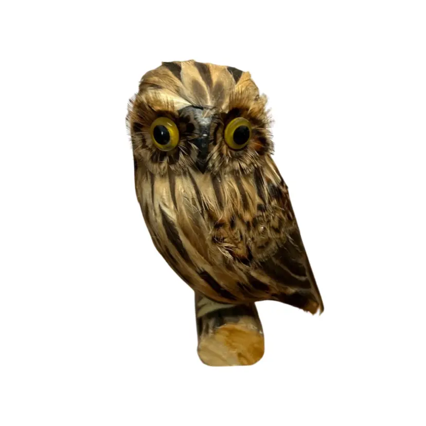 Vintage Styrofoam Feathered Owl Figure With Yellow Eyes On Wood Base @5” Tall