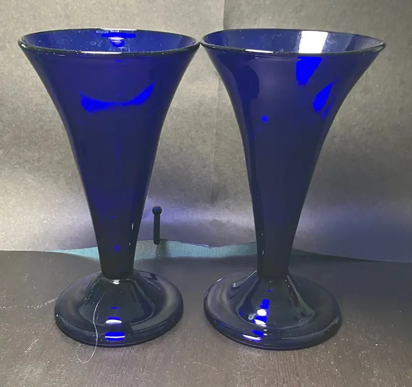 VTG Handblown Cobalt Blue Glass Trumpet Glass Vase Lot of 2