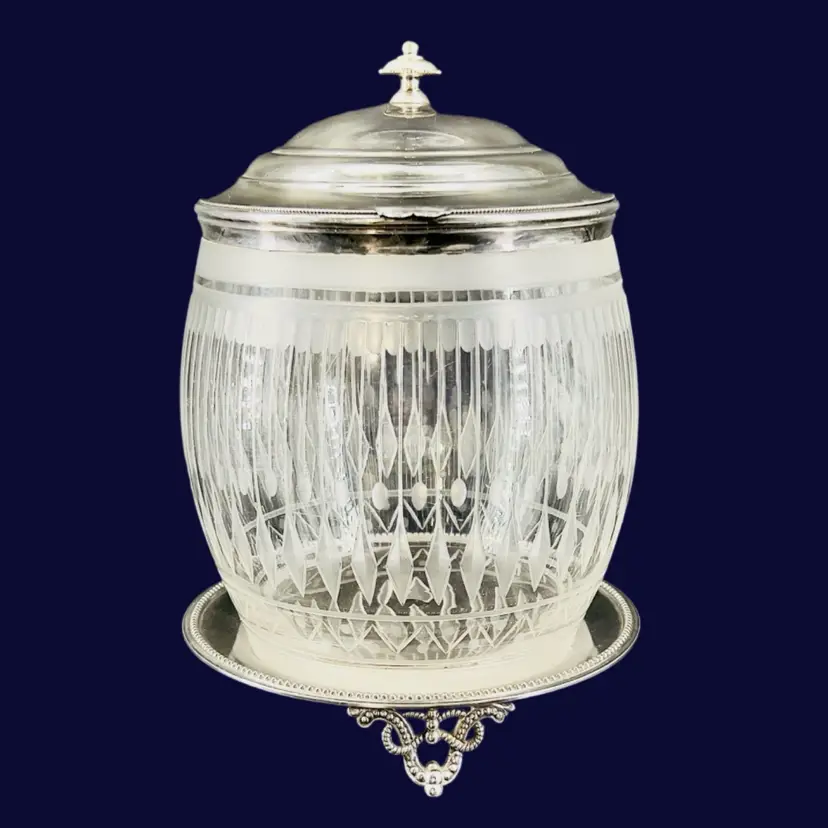 #077E- Antique Victorian Biscuit Jar Cut Glass Cookie Barrel Silver Plated Metal Hinged Lid & Attached Stand Cut Glass