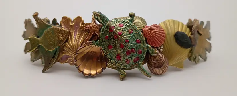 Vintage 4.25” Barrette ~ Enamel Sea Turtle Fish Shells ~ France ~ 1980’s-1990's