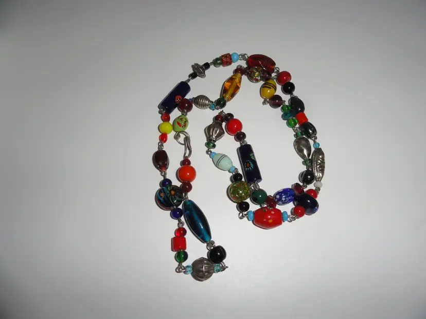 Vintage Eclectic Necklace ~ Multicolor Glass Beads ~ 32" ~ Various Shapes
