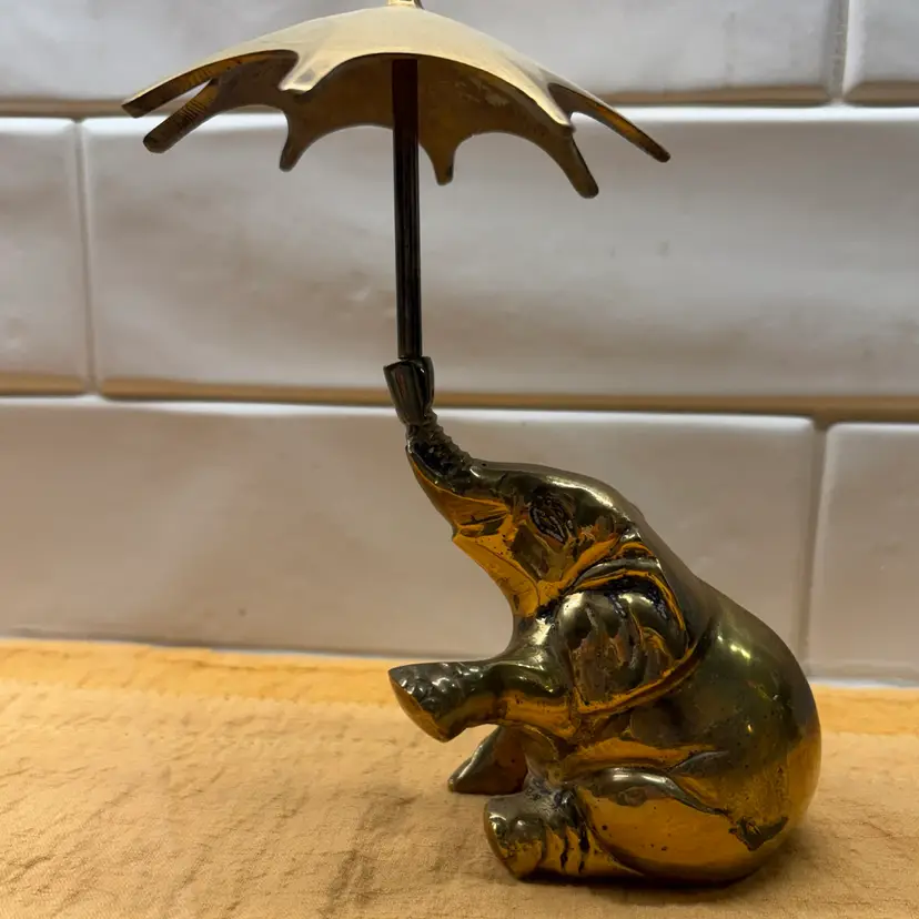 Vtg Brass Elephant with Umbrella Figurine Sitting Lucky Trunk Up 70s 6.5