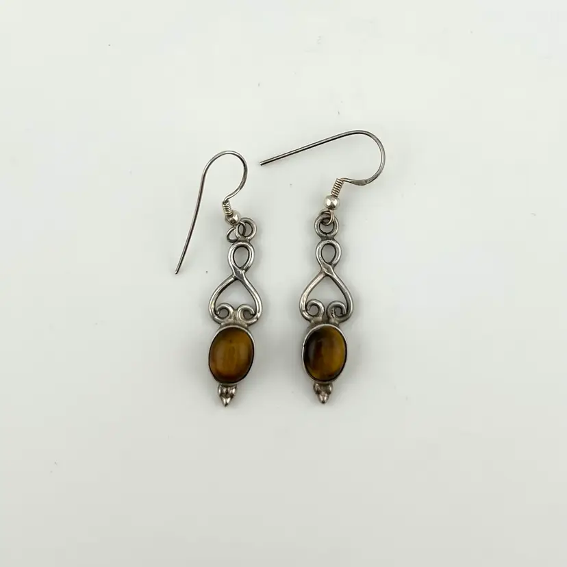 Vintage Sterling Silver Tiger’s Eye Pierced Earrings 2”