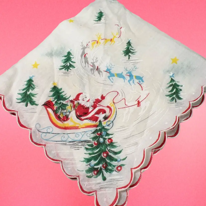 Vintage Christmas Hanky With Santa Vintage Condition