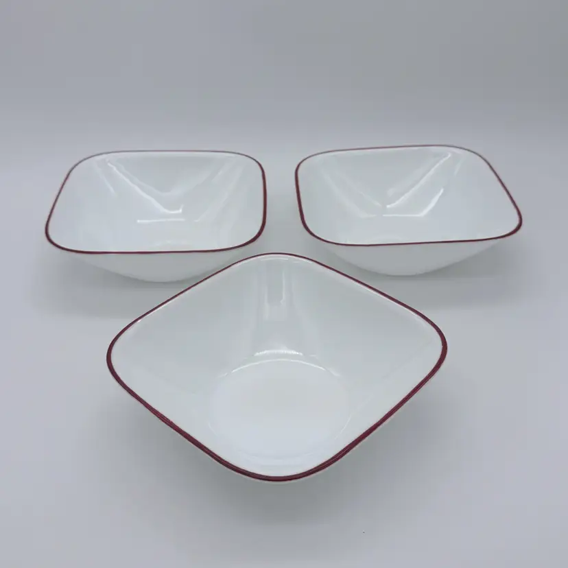 Corelle Vitrelle Square White Cereal Bowls Radiant Red Band Rim 6-1/4” Set Of 3