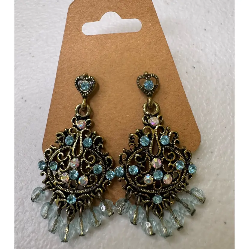 Vintage 1928 Jewelry Co. Aqua Blue & Aurora Borealis Crystal Chandelier Fringe Earrings