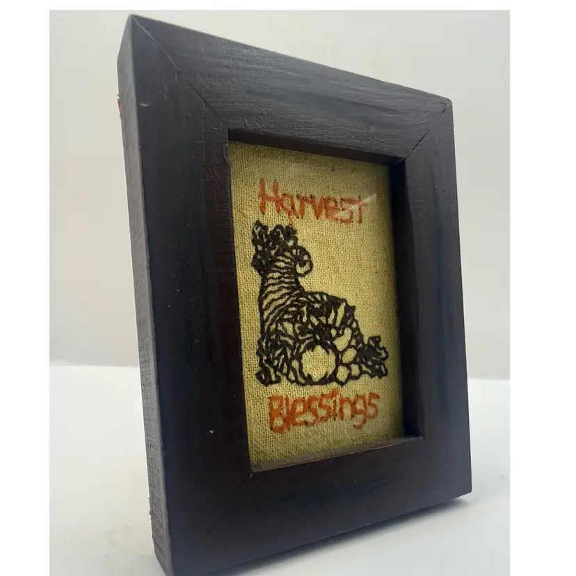Harvest Blessings Mini Wood Frame Needlepoint Art 4.75x3.25”