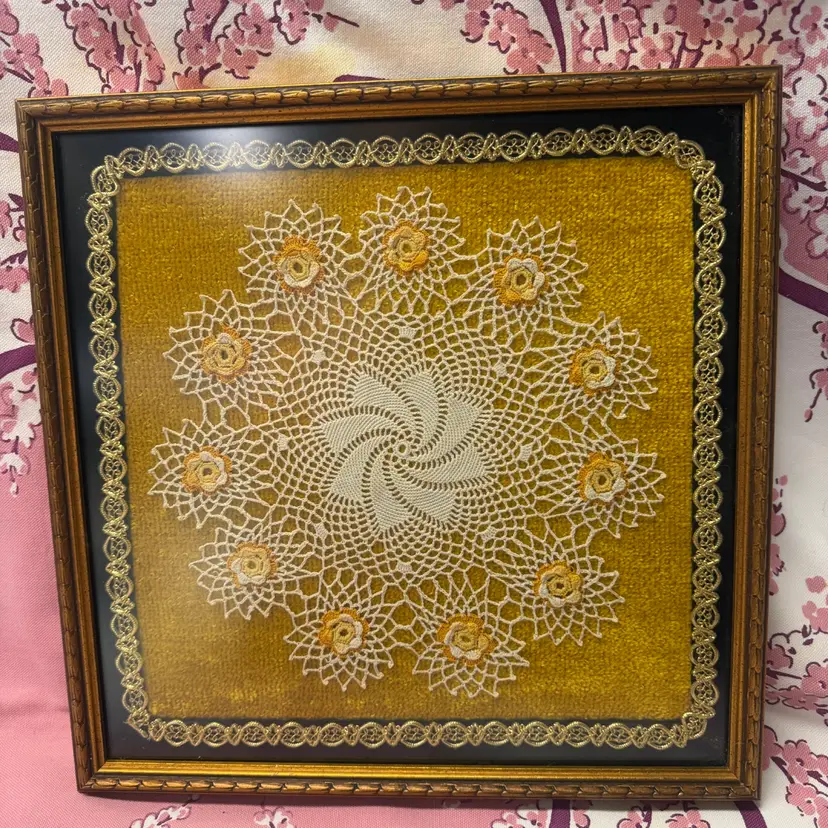 Vintage Framed Handmade Crocheted Doily Gold Velvet Mat & Decorative Border 13”
