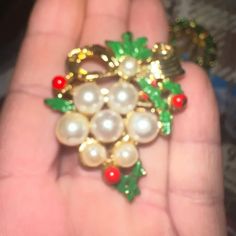 Gold Tone Enamel & Faux Pearl Christmas Brooch Pin