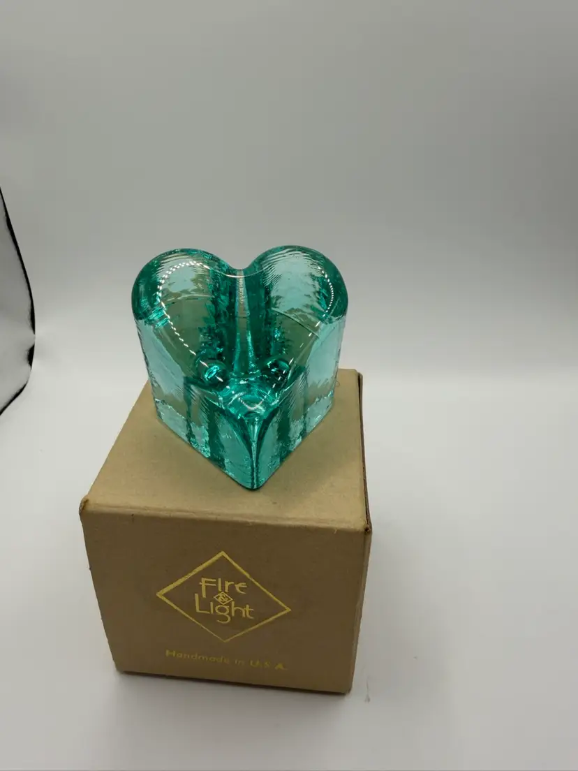 Fire and Light Glass Recycled Heart Signed Aqua Green Paperweight 2”x2.25” BOX